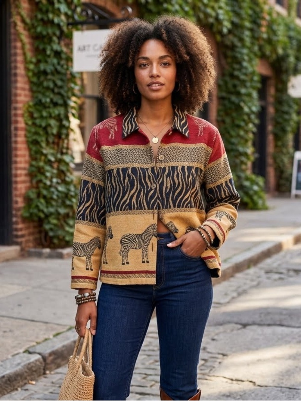Tantrums Vintage 90’s Boho Zebra-Print Tapestry Button-Up 100% Cotton Jacket